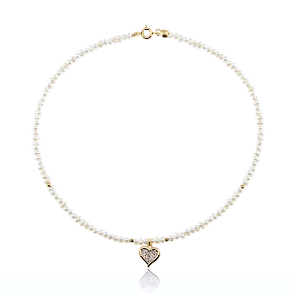 Naszyjnik złoty z perłami i sercem Amour